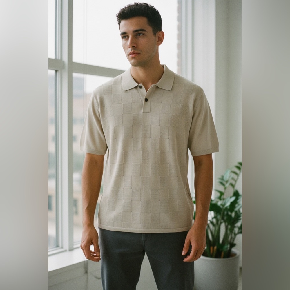 Silk4golf Vintage 100% Silk Textured Checkerboard Knit
Polo Sweater Shirt